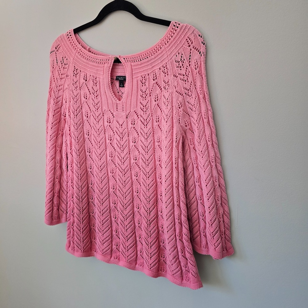 Talbots Pink Pointelle Chevron Knit Keyhole Neck 3/4 Sleeve Sweater Womens Large